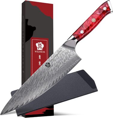 Японський ніж WILDMOK Santoku 20см з дамаської сталі, VG10, ручка з червоного армована синтетичний матеріал