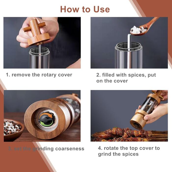 Auciej Pepper Grinder Wooden Salt Grinder Manual Spice Grinder Set with Adjustable Ceramic Grinder, Salt and Pepper Grinder with Coaster for Spices, Pepper, Salt, 2-Piece Set, Height: 18 cm
