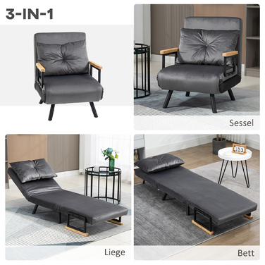 HOMCOM Sleeper Chair Single Sofa with Bed Function, Recliner with Adjustable Backrest, Velvet Look, Dark Grey | Aosom