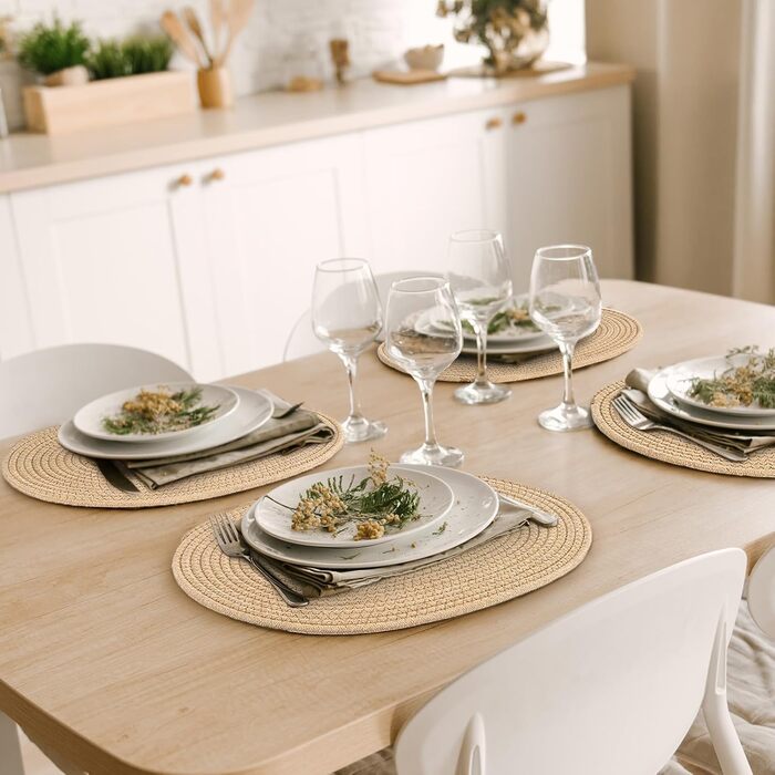 Fanquare Oval Woven Placemats Set of 6 Beige Cotton Rope Braided Placemats Heat-Resistant Washable Non-Slip Table Mats for Kitchen Dining Table, Home Decoration 30x40cm