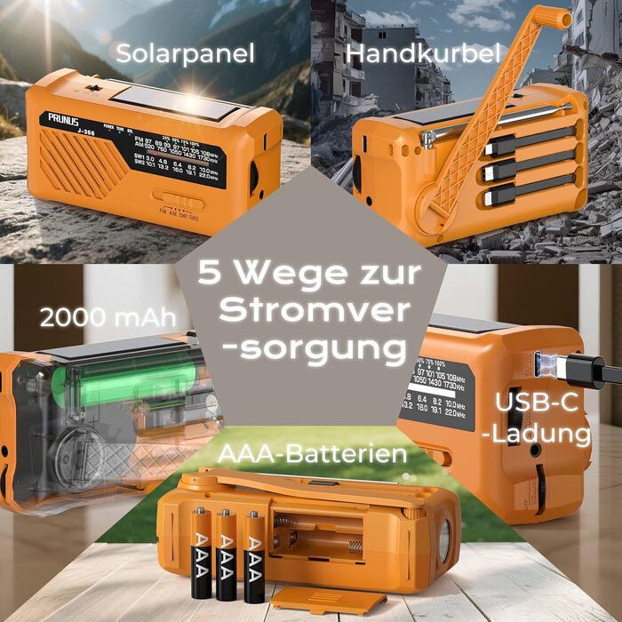 Радіо PRUNUS J-366 FM/AM/SW: Кисневе радіо, радіоприймач для надзвичайних ситуацій з акумулятором 2000mAh, ліхтарик, SOS-сигнал, зарядка для телефону. Чорний.