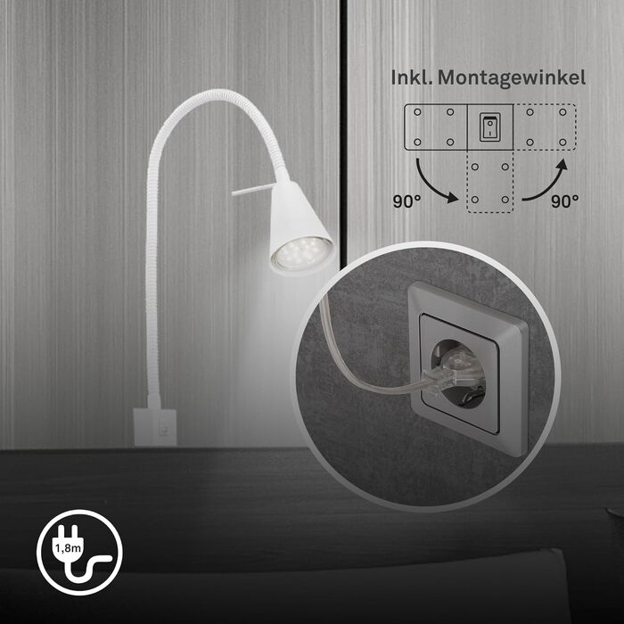 Світлодіодна настінна лампа Briloner з регульованим кутом нахилу, GU10 4.7W, 400lm, тепле біле світло, для читання, біла