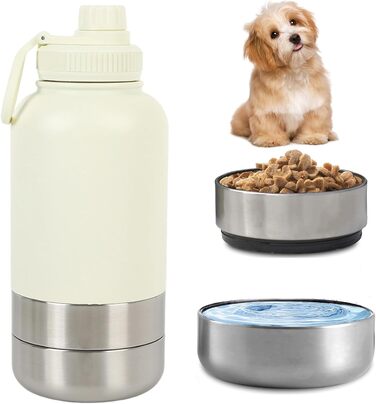 Водяна пляшка для собак Pets 950мл з мискою та ручкою, ізольована, нержавіюча сталь, BPA-free, для подорожей та прогулянок (кремово-білий, L)