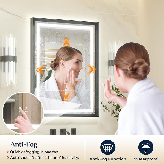 Дзеркало для ванної кімнати Keonjinn з підсвічуванням, чорний металевий каркас 60x80 см, антизапітніння, LED, сенсорне управління, 3 кольори світла, регулювання яскравості, функція пам'яті, настінне дзеркало