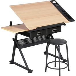 Yaheetech Adjustable Drafting Table with Stool and Drawers - Height Adjustable Desk for Architects, Technicians, and Students - Wood Finish