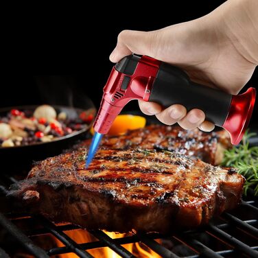 Фламбер (кухонний пальник) Royouzi з блокуванням безпеки, регульований, наповнюваний. Підходить для крем-брюле, грилю, приготування їжі, кемпінгу (червоний)