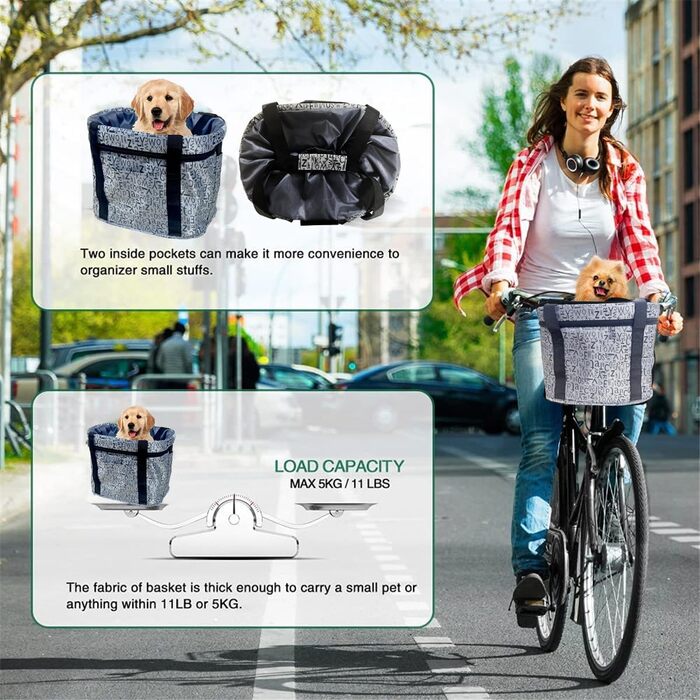 Складаний водонепроникний кошик на кермо велосипеда, знімний, з алюмінієвого сплаву, для собак та котів, для походів, пікніків та покупок (Чорний/Сірий)