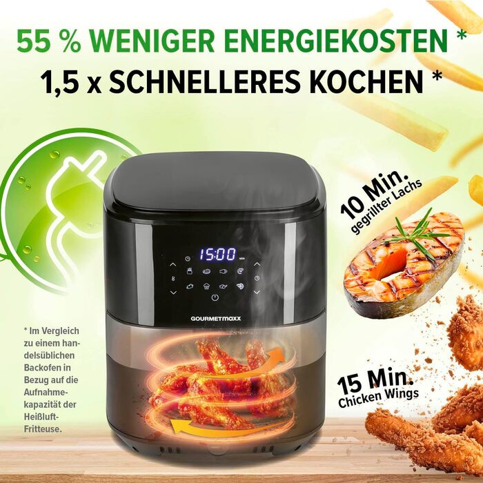 Фритюрниця повітряна GOURMETmaxx XL 6.2 л з цифровим дисплеєм та таймером | 8 програм, 1500 Вт | Без запаху, низький вміст жиру, економія енергії