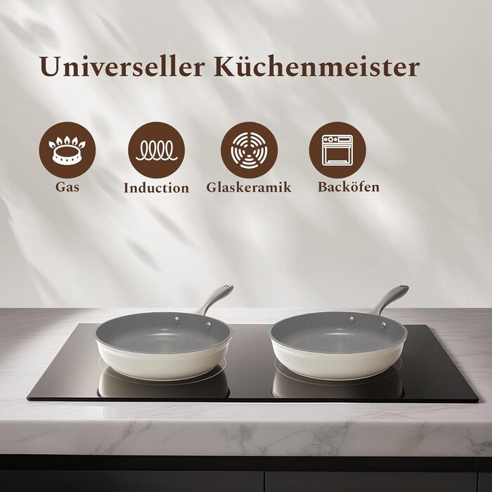 Набір сковорідок Koch Kode: керамічне покриття, 20/24/28 см, з нержавіючою ручкою, для індукційних плит, без PTFE та PFOA, безпечне для здоров'я, бежевий (20 см)