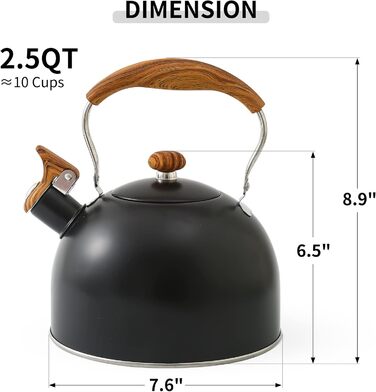 Чайник для плити LONFFERY 2.5л з свистком, з нержавіючої сталі, з дерев'ястим декором, складна ручка, кремово-білий/білий (чорний)