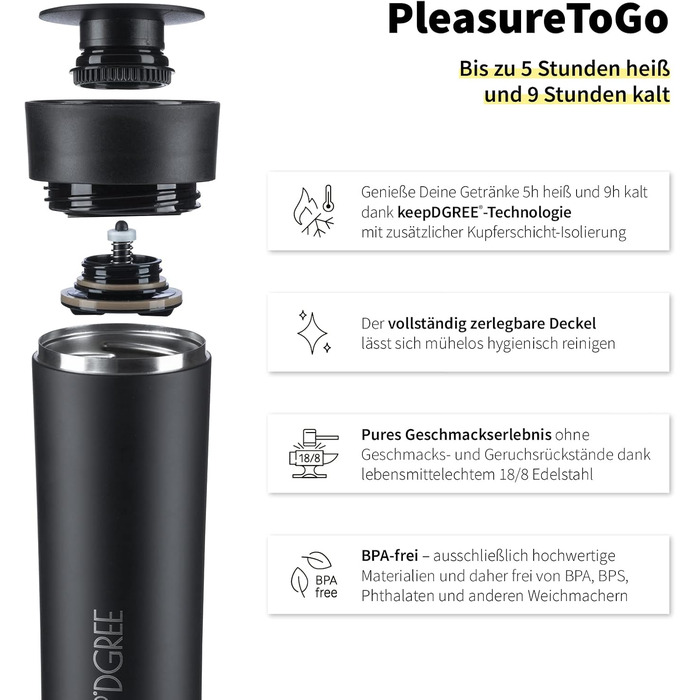 Термокружка 720°DGREE Premium 'PleasureToGo' 450мл, без BPA, не протікає, з нержавіючої сталі, з кришкою, для кави, з ізоляцією, чорна (Onyx Black)