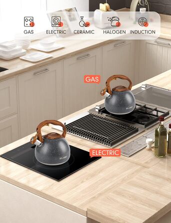 Чайник BELANKO з нержавіючої сталі 2.7л з дерев'яною ручкою, свисток, для плити, індукції, дизайн 