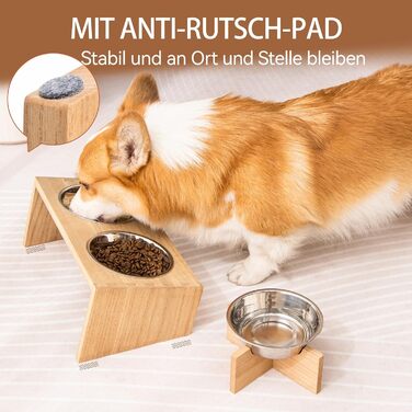 Підвищені годівниці для котів та собак KIRIGEN - дерев'яна станція для годування з 3 знімними мисками з нержавіючої сталі, годівниця для котів та дрібних тварин, натуральний колір