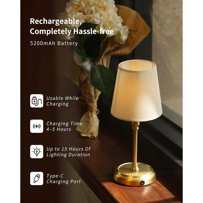 Нічник бездротовий акумуляторний Wiederaufladbare з димером та лампочкою для спальні, вітальні, їдальні - Золотий A-gold