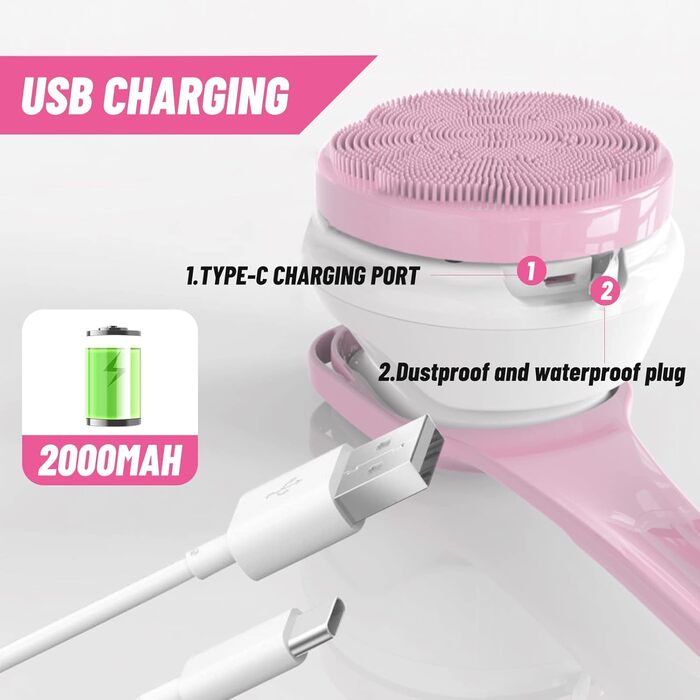 Electric Duschbürste (Shower Brush), Electric Back Brush with Long Handle, Back Brush Shower Massage Brush with 6 Cleaning Heads, Bath Brush for Spa Shower Peeling Massage Brush (Pink)