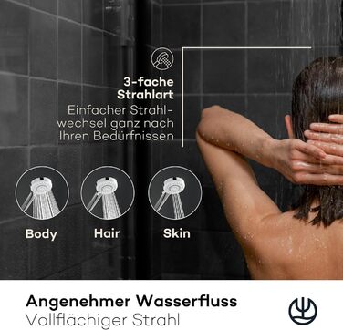 KLUDI-X1 Universal Shower Head with Hose, optional shower spray, water-saving with 3 spray patterns (Body, Hair, Skin), easy-to-clean shower head Ø 10.7 cm, shower hose 1.60 m