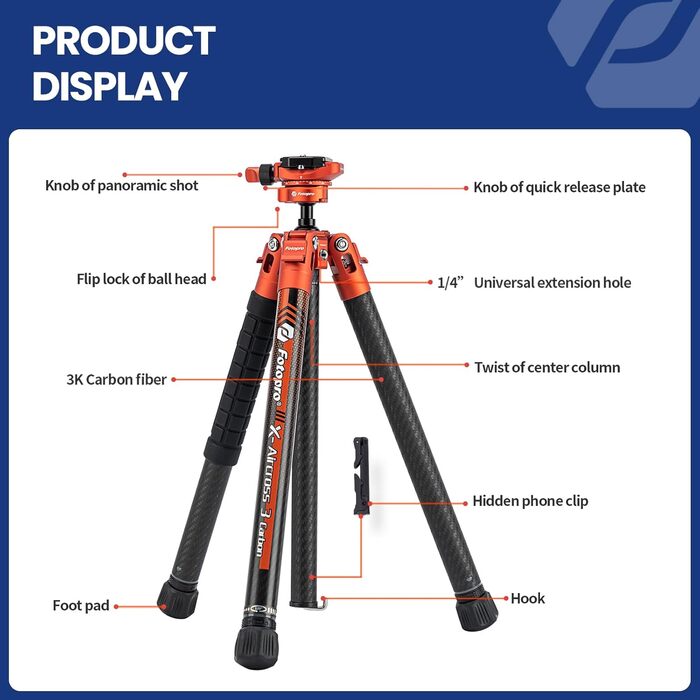 Штатив Fotopro Carbon X-Aircross 3 Lite: Легкий карбоновий штатив 151 см з кульковою головкою 360° та швидкознімною платформою. Макс. навантаження 10 кг, блакитний.