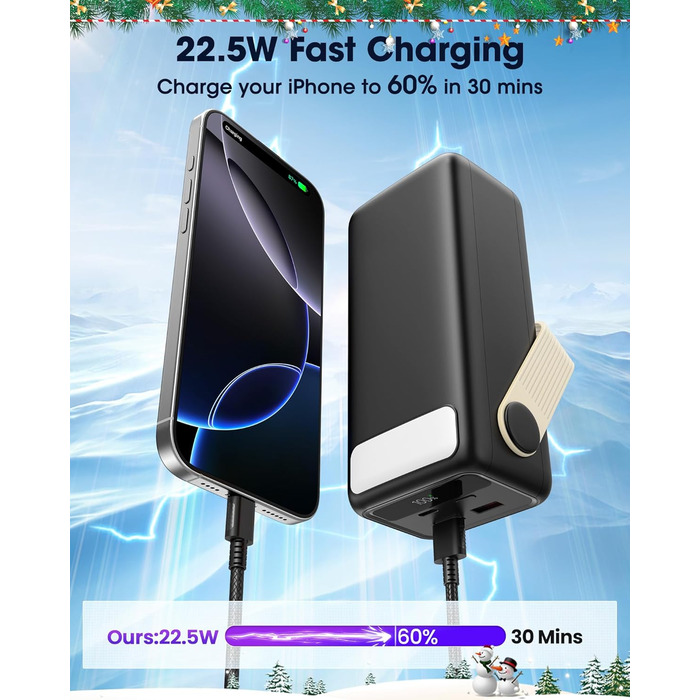 Портативний зарядний пристрій Power Bank 60000mAh з LED-ліхтариком, 22.5W, PD20W, для iPhone/Android, чорний