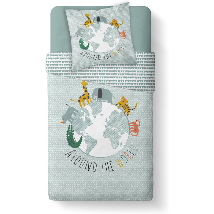 Комплект постільної білизни для ліжечка Kinderbettwäsche: 2-Piece Set з тваринами та глобусом - ковдра 135x200 + подушка 80x80 см, закривається на блискавку. Підходить для хлопчиків та дівчаток. 100% бавовна, ренфорсе, приємна до шкіри, сертифікат Oeko-Te