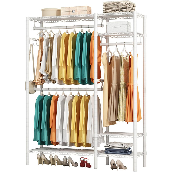 KZOBYD Clothes Rack, Freestanding Clothes Rail with Shelf Metal Wardrobe with Hanging Rods Open Closet with 4 Adjustable Shelves for Coats, Dresses, Shoes (White)