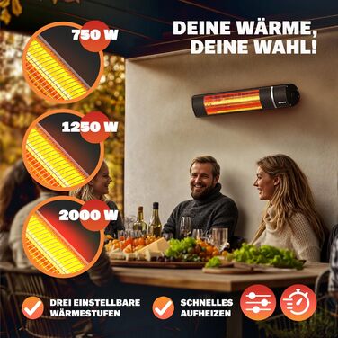 Інфрачервовий обігрівач MONZANA® MZH2000 з золотою трубкою, 3 режими, пульт дистанційного керування, кут нахилу 90°, для вулиці, тераси, 2000W