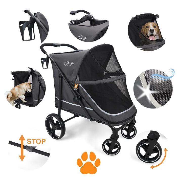 Візок для собак CHAMP XL – візок для великих собак, сірий, з дощиковим покриттям, тримачем для напоїв та місцем для зберігання, до 50 кг