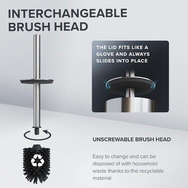 Набір для чищення унітазу Ingoy | Силіконова щітка для унітазу | Чорний | з нержавіючої сталі з кришкою | для ванної та гостьового WC | знімний насадкою | Сріблястий дизайн