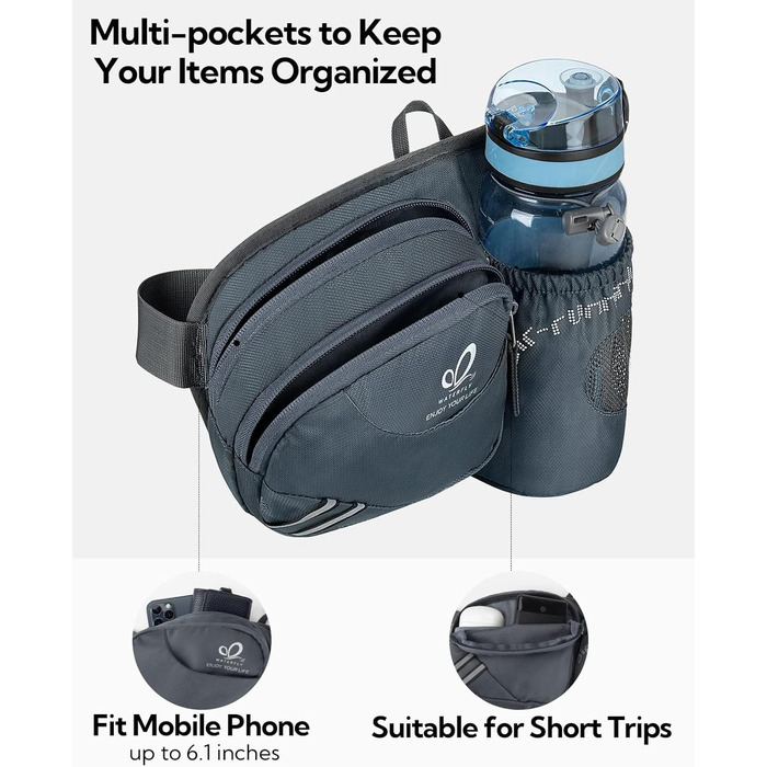 Спортивна поясна сумка Waterfly з тримачем для пляшки, сіра. Для бігу, велоспорту, кемпінгу, подорожей та інших активностей.