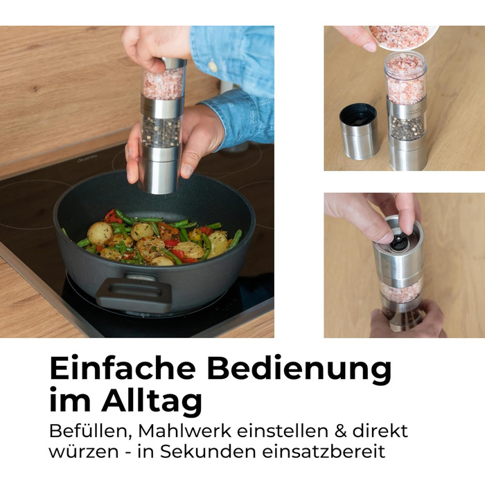 Мельниця для солі та перцю 2-в-1 з нержавіючої сталі | Ручна мельниця для спецій з керамічним жорном та регульованим ступенем помелу
