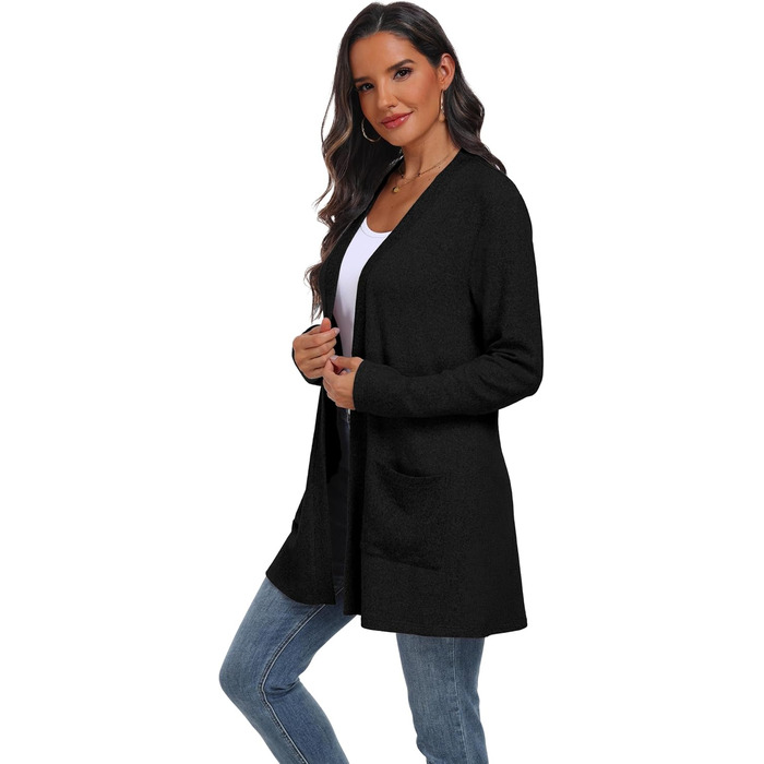 Жіночий в'язаний кардиган QIXING з кишенями | Елегантний, зручний та теплий | Зелений (XL, Чорний)