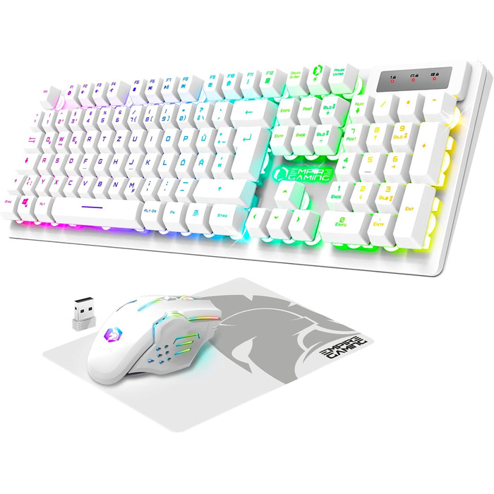 Ігровий набір клавіатури та миші EMPIRE GAMING Armor RF800 Wireless (QWERTZ, DE-layout) – бездротовий комплект з підсвічуванням RGB, 2.4GHz, 4800 DPI, з килимком для миші, сумісний з PC, PS4, PS5, Xbox One/Serie, Mac, білий