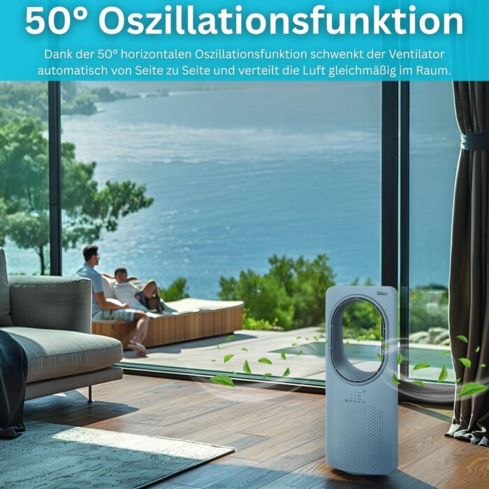 Турбовентилятор Zilan з пультом керування: Aircooler, охолоджувач повітря, підлоговий вентилятор-колона, тихий, енергоефективний, з осциляцією