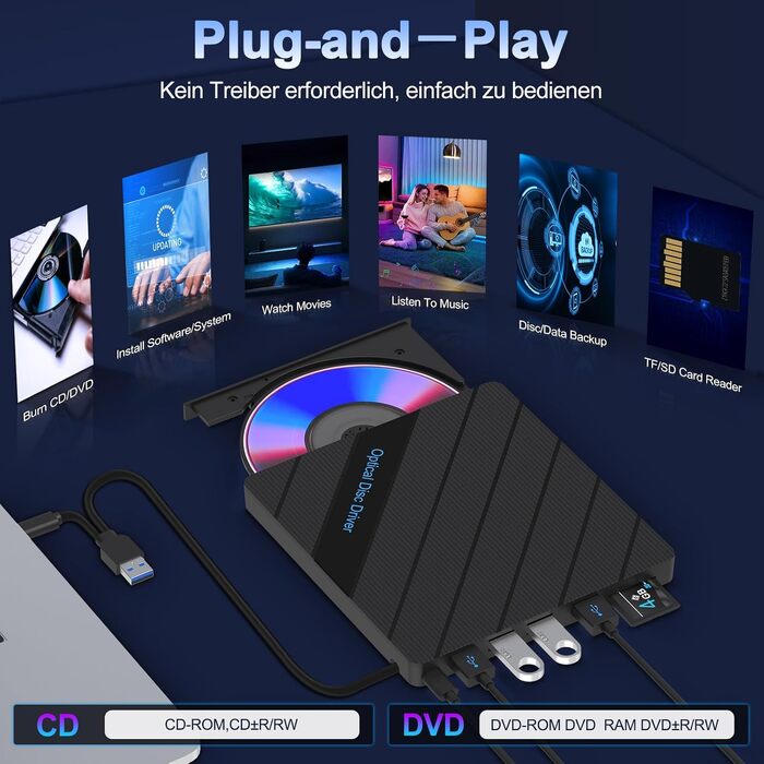 Зовнішній багатофункціональний DVD-привід 8-в-1 для ноутбука та ПК: USB 3.0, Type-C, 5 USB-портів, картридер TF/SD, оптичний накопичувач для Windows, macOS, Linux, сірий