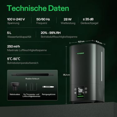 Зволожувач повітря VIVOSUN для рослин 5л Smart, AeroStream H05, 24dB, 360° Cool Mist, 50H, Top-Fill, Ультразвуковий, для гроу-тенту/гроубокса