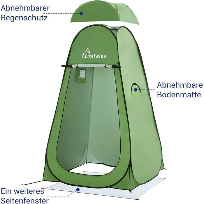 WolfWise Pop-Up Shower Tent with UV Protection - Portable Camping Toilet Tent, Changing Room, Outdoor Privacy Shelter - Green with Floor & Roof