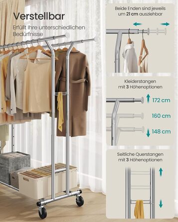SONGMICS Стійка для одягу з металу, до 110 кг, на коліщатках, 129-169 см, хром HSR12S