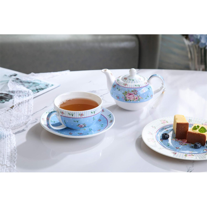 London Boutique Teapot and Cup, Vintage, Viktoria, Porcelain, in Gift Box, Ceramic, 15x15cm (Blue)