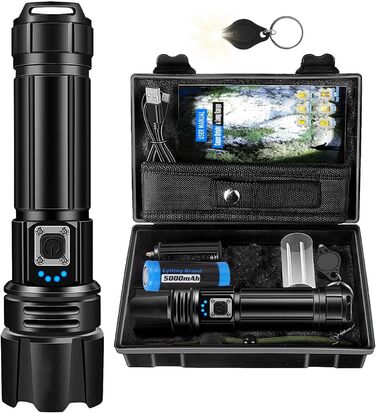 LED ліхтарик на акумуляторі, надзвичайно яскравий 1200000 люмен, з функцією зуму, тактичний, з 5 режимами, водонепроникний IP67, для кемпінгу, риболовлі, туризму, активного відпочинку та надзвичайних ситуацій (P70-kit)