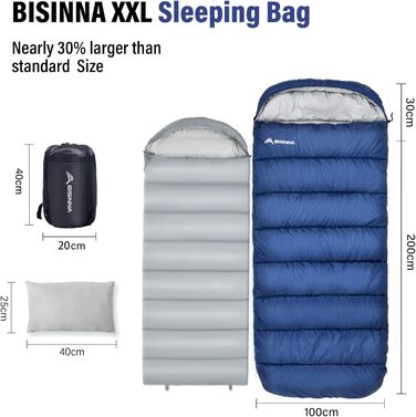 BISINNA XXL Sleeping Bag for Adults - 3-4 Season Warm Camping Sleeping Bag - Wide Plus Size Outdoor Sleeping Bag (Blue, 1.5kg Right Zipper)