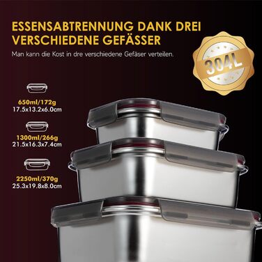 Контейнери для харчових продуктів GENICOOK з нержавіючої сталі, набір 3 шт. з герметичними кришками - для зберігання та Meal Prep