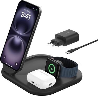 Зарядний пристрій Belkin BoostCharge 3-в-1 з підтримкою MagSafe Qi2, 15 Вт, складаний підставка для iPhone, Apple Watch, AirPods, з адаптером живлення – Чорний