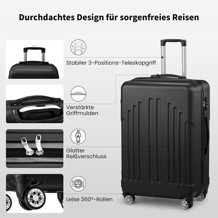 Набір валіз LEADZM 3 шт. з колесами, великий, жорсткий ABS+PC, телескопічна ручка, ручна поклажа (Чорний)
