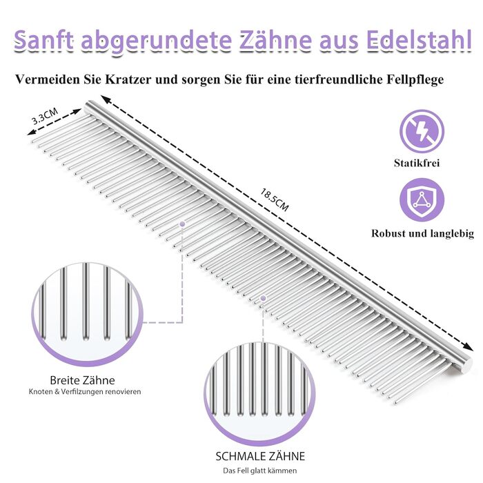 Набір щітки та гребінця для собак та котів з довгим хутром – зі сталевими шпильками 25 мм проти підшерстка та ковтунів – дерев'яна ручка та шкіряний футляр – ідеально для Golden Retriever та Maine Coon – фіолетовий