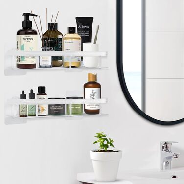 Дзеркальна поличка для душу без свердління, 2 шт. Біла, з нержавіючої сталі, з 4 гачками та 8 клейких поверхонь. Підходить для ванної кімнати та кухні.