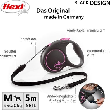 Flexi® Roll-Leine для собак до 12 кг, 5 м, чорний/рожевий