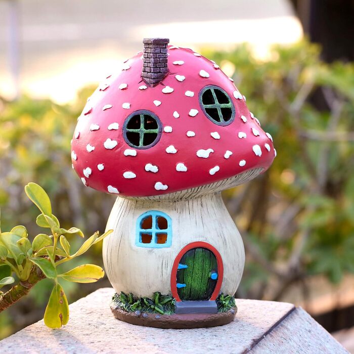 TERESA'S COLLECTIONS Outdoor Garden Decor Fairy House Garden Solar Lighting Mushroom Elf House Fairy Garden Solar Garden Lighting Fairy House made of Resin Pink Gifts for Women 19cm