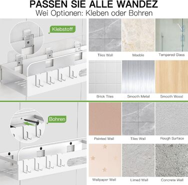 Полка для душу Uamector без свердління - Дзеркальна полиця для ванної кімнати, нержавіюча сталь, 2 шт. (3 шт. залізні пластини, білий)