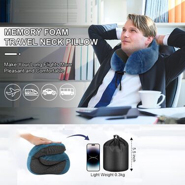 Подушка для шиї у літак, подорожі: Memory Foam, ергономічна, для автомобіля, офісу (Блакитний)