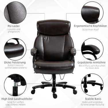 Vinsetto Ergonomic Executive Office Chair with Rocking Function, Leather Chair Brown, Adjustable Height, Weight Capacity up to 180 kg