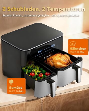 Фритюрниця повітряна WELLENT 2 камери, 2600W, 11л (4+7л) з сенсорним екраном, 10 функцій, для дому